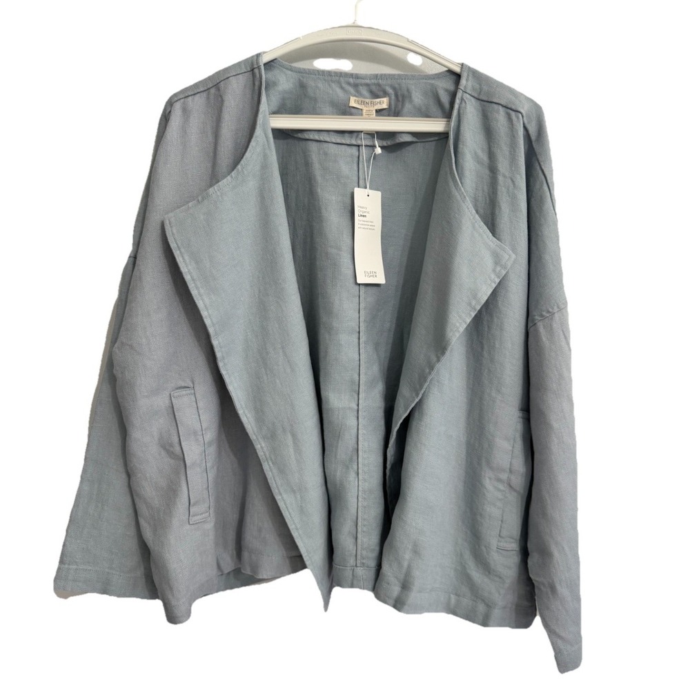 Eileen Fisher PL Heavy Organic Linen Drape Front Jacket Dawn Blue $278 NWT
